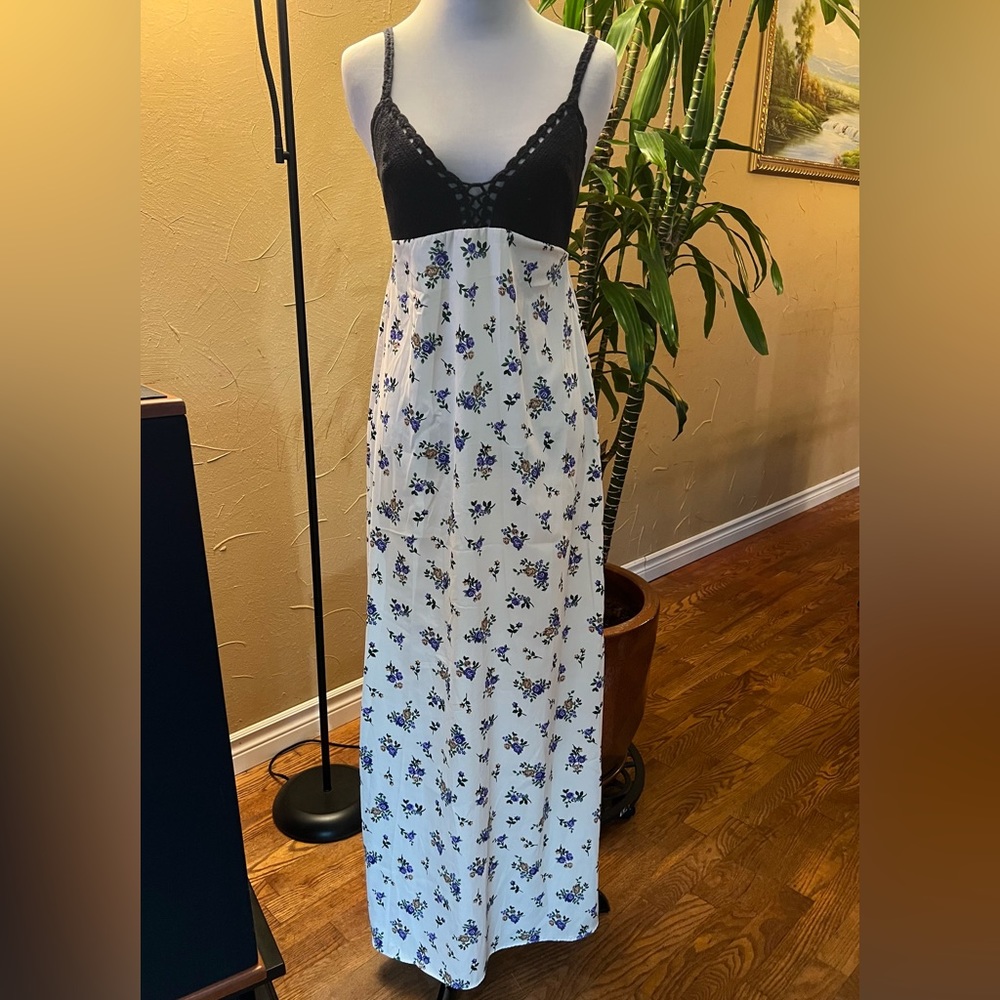Zara Floral Satin Printed Crochet Cream Maxi Tank Dress